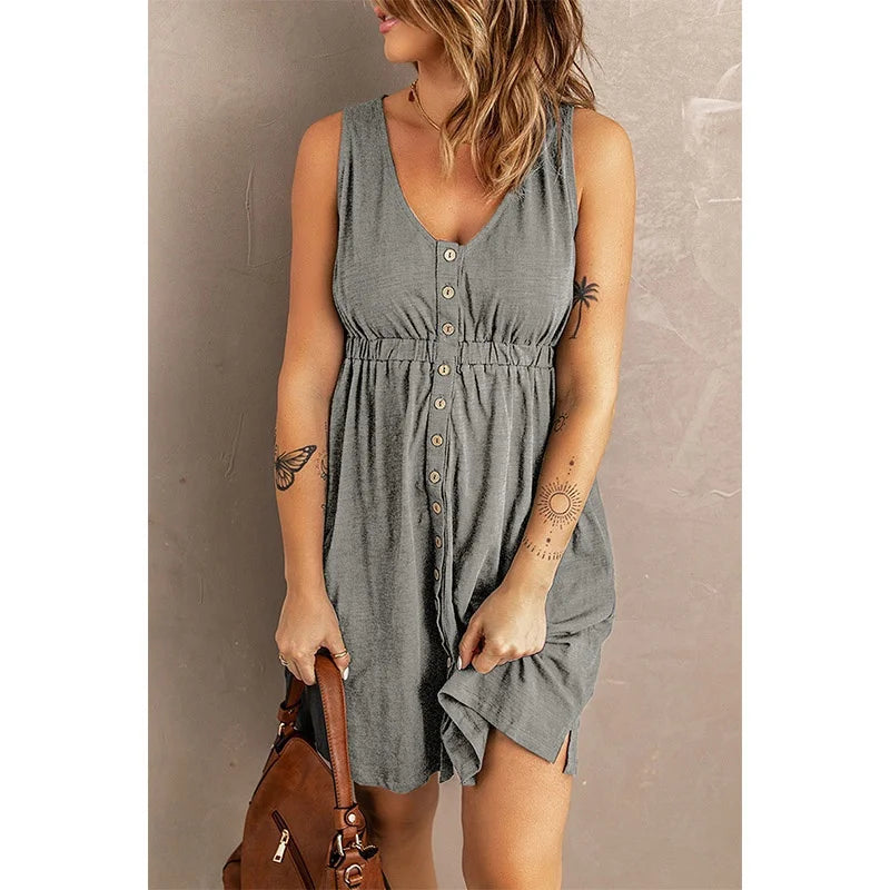 Womens Summer Sleeveless Dress Button Down Elastic Waist Swing Loose Plain Short Dresses Casual Tank Tops Dresses Plus Size