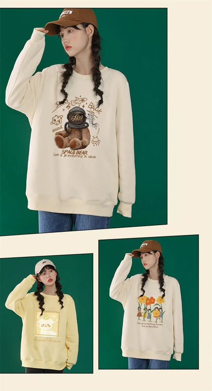 Autumn Winter Women Casual Loose Sweatshirts Lambswool Thicken Thermal Sweatshirts Women Printed Cute Fleece Warm Hoodies 2023