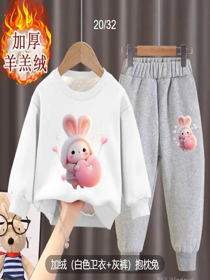 Girl's internet celebrity new little bunny stylish plush thickened hoodie two-piece set for girls and babies fashionable winter