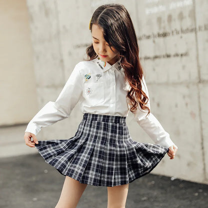 Vintage Pleated Skirt Girl Skirt for Summer Kids Plaid Cotton School Clothes Teens Girls Bottom Children Clothes Sukienka Kleid