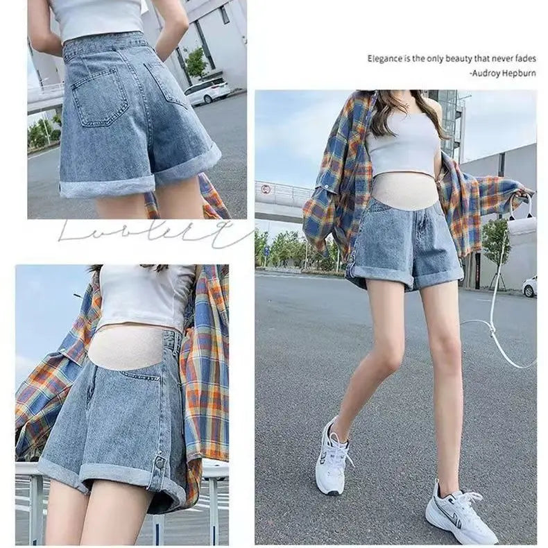 New Maternity Summer Shorts Women's Denim Clothing Japanese and Korean Pregnant Women Wide Leg Shorts Jeans Loose Denim Shorts