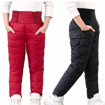 Casual Girl Boy Winter Pants Cotton Padded Thick Warm Trousers Waterproof Ski Bootcuts Elastic High Waisted Baby Kid Leggings