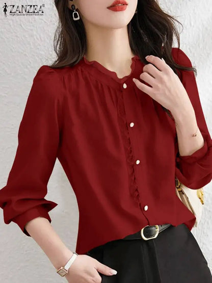 Elegant Office Lady Shirt ZANZEA Women Long Sleeve Ruffle Blouse Fashion Solid OL Work Blusas Stylish Party Tops Buttons Chemise