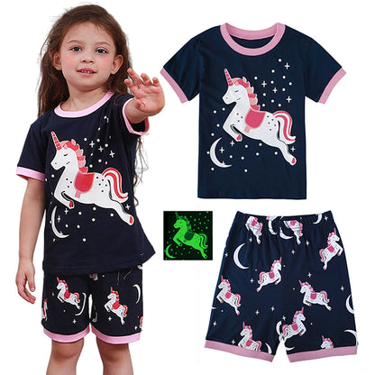 Kids Girls Unicorn Pajamas Set Toddler Summer Sleepwear Cartoon Birthdday Gift Short Sleeve Nightwear Clothes 3-10Y