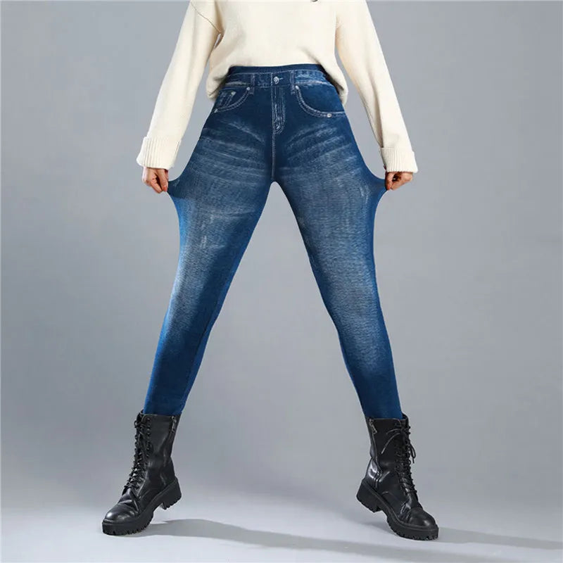 Women Thin Fleece Imitation Denim Pants Stretchy High Waist Warm Velvet Leggings Autumn Winter Slimming Tights