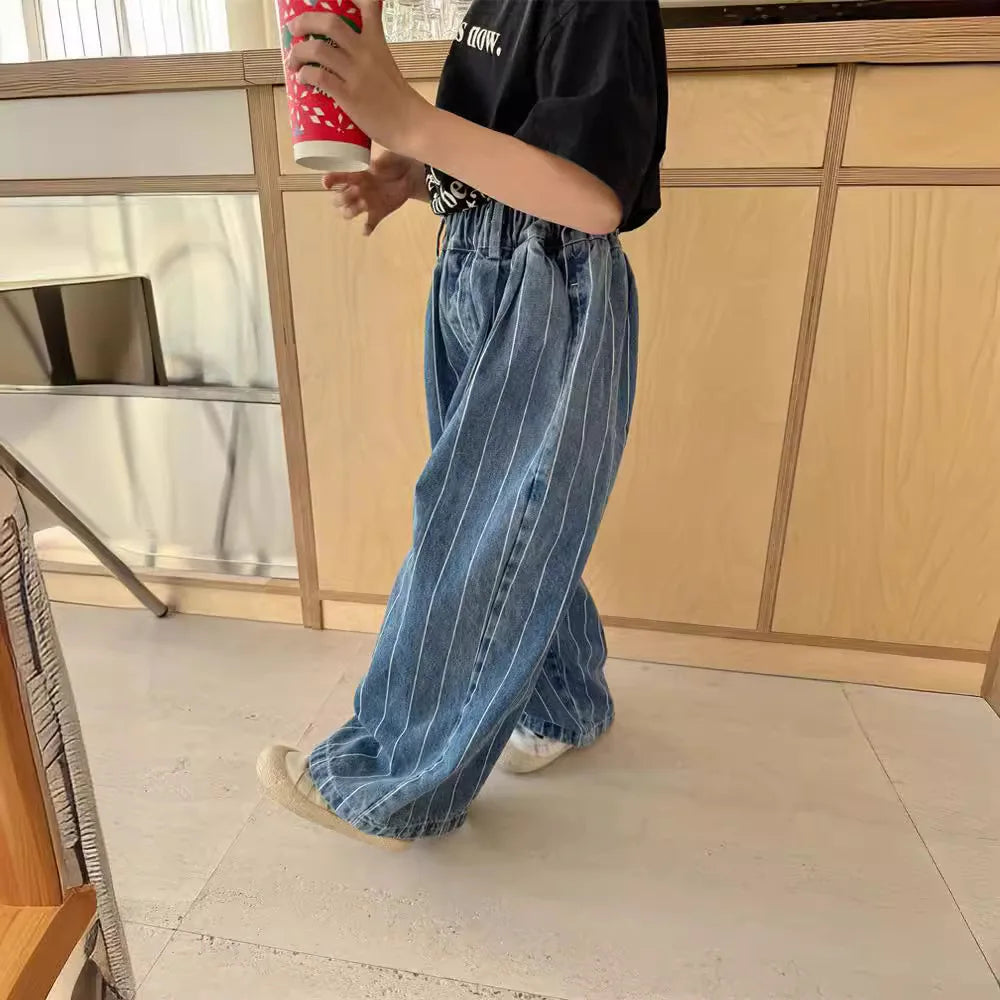 2024 Spring Summer Kids jeans fashion Boys Vertical stripes denim wide leg pants Girls loose casual Trousers