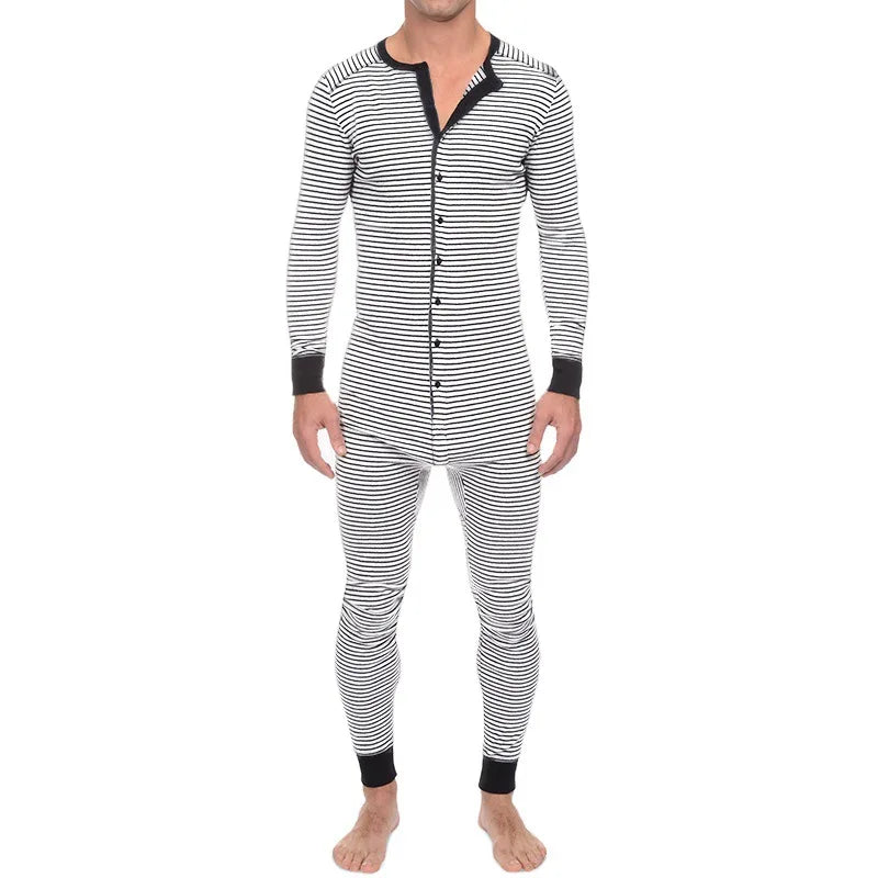 Striped One-piece Pajamas European and American Men's Tight Jumpsuit Long-sleeved 2024 Cross-border New Home Wear