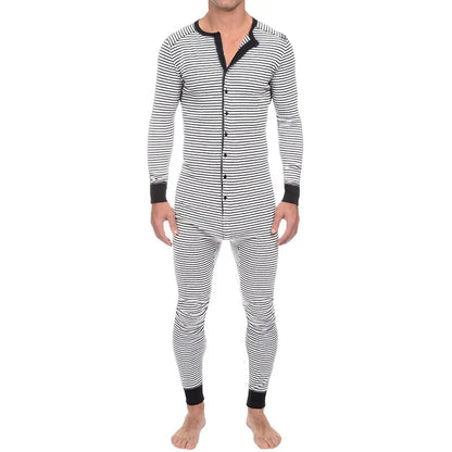 Striped One-piece Pajamas European and American Men's Tight Jumpsuit Long-sleeved 2024 Cross-border New Home Wear