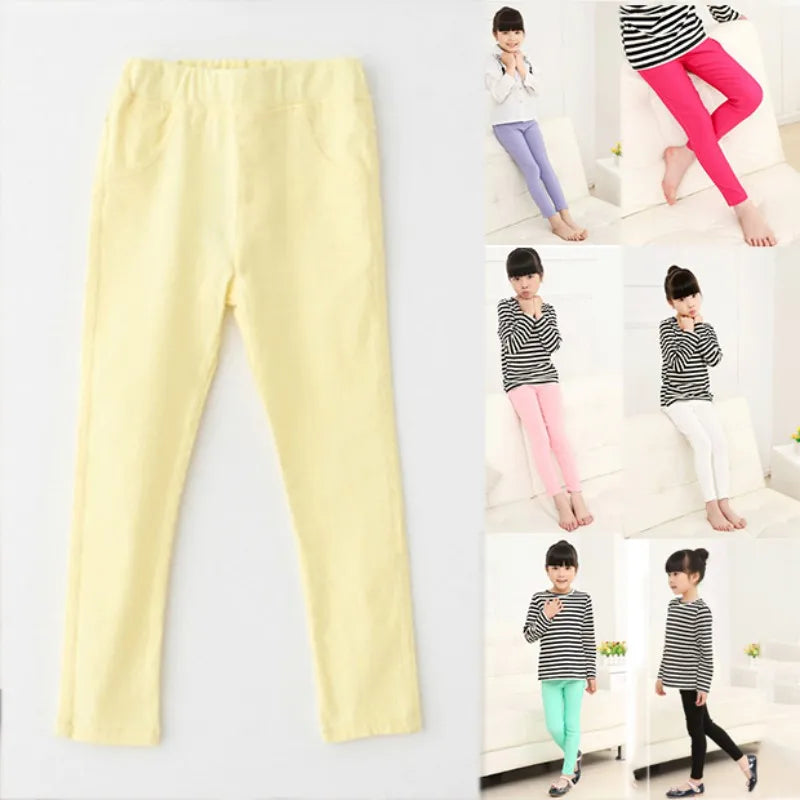 3-9 Years Kids Girls Candy Color Pencil Pant Cotton Elastic Long Pants Trousers with Pocket Spring Autumn