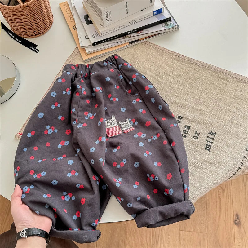 2025 Spring New Children Casual Pants Fashion Flower Print Girls Harem Pants Cotton Baby Boys Loose Trousers Children Clothes