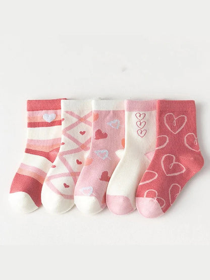 5 pairs of children's mid tube socks with spring and autumn love flower print for girls to keep warm. Children's mid tube socks