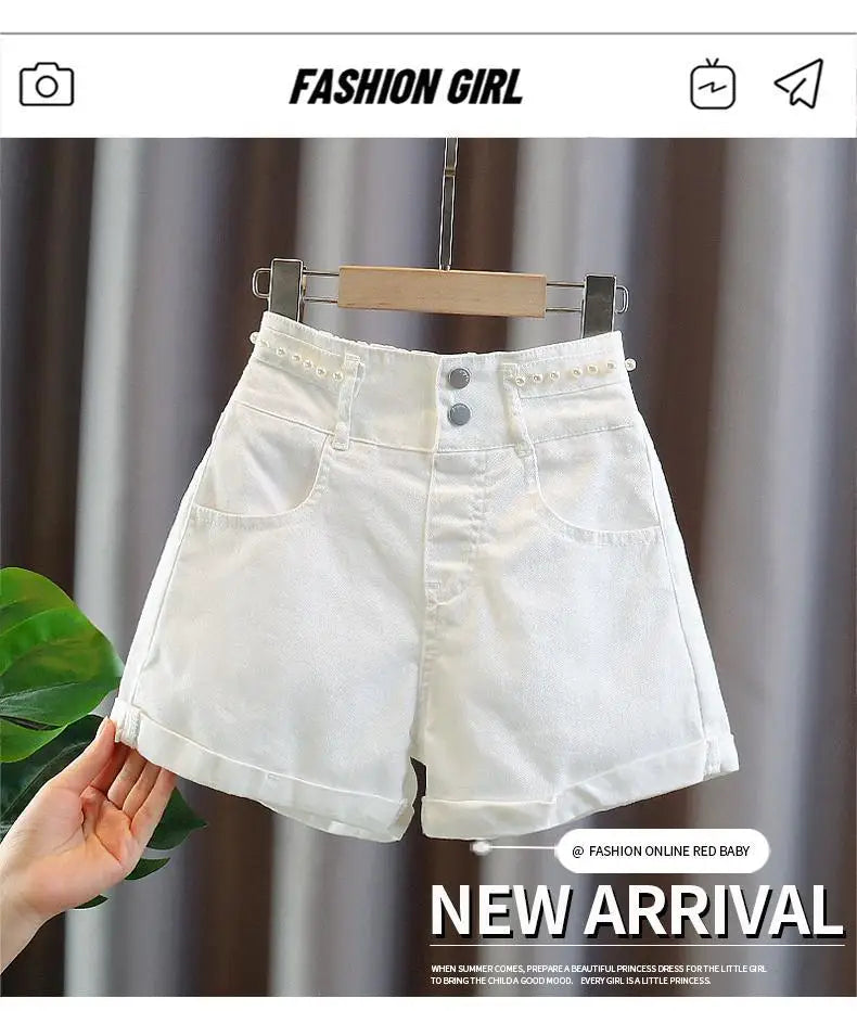 Girls' Summer 3-10-14T Children's Jeans Shorts New Fashion Children's Wear Girls' Big Boy Thin White Pants