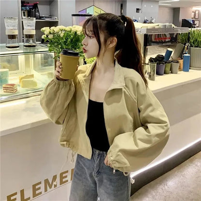 Vintage Baseball Jacket Women Korean Zipper Soild Drawstring Sexy Cropped Tops Harajuku Y2K Pocket Loose Casual Female Outwear