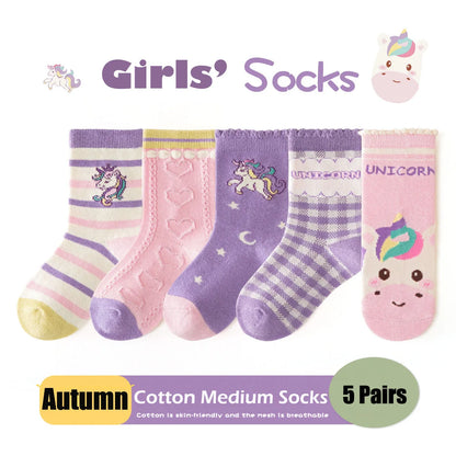 5 Pairs Children's Socks Autumn Cotton Socks Girls Mid Calf Socks Purple Unicorn Cartoon Socks Girls Cute Pattern Socks