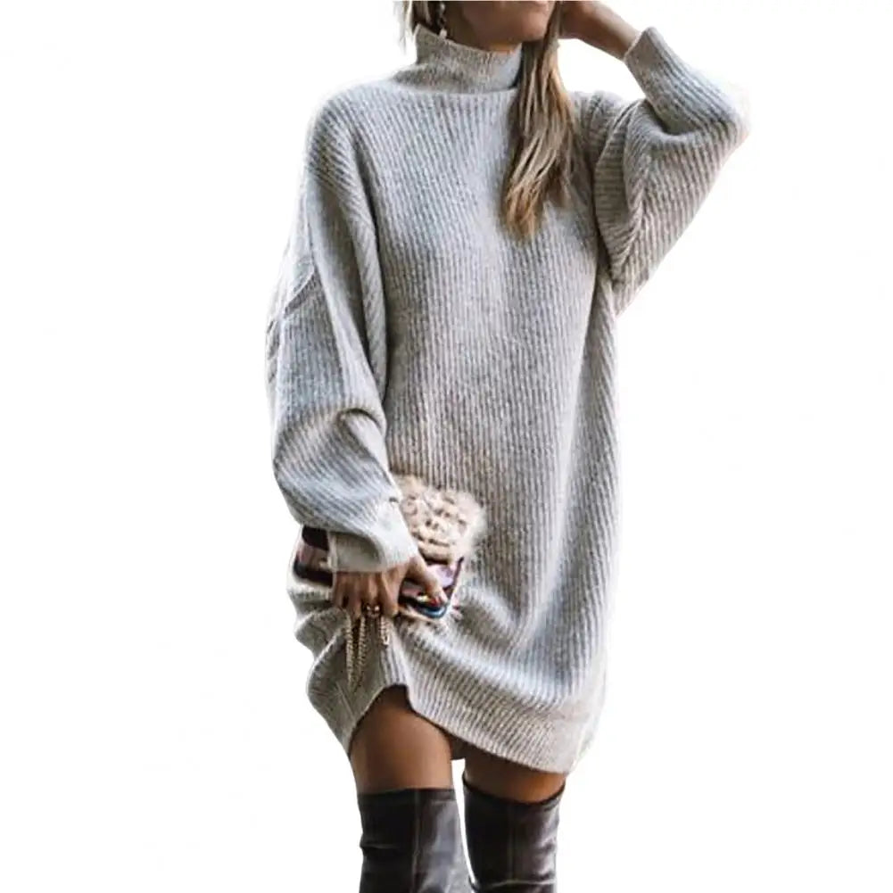 Fashion Midi Dress Coldproof Knee Length Women Winter Knitted Solid Color Pullover Knitting Dress