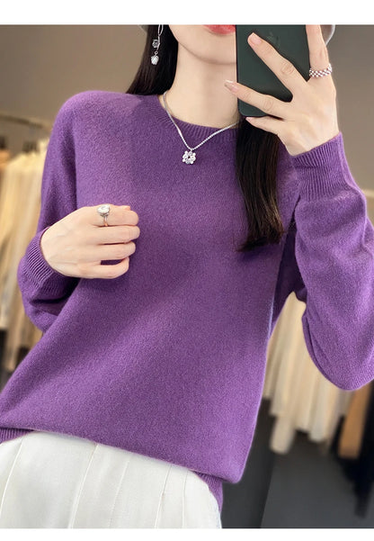 Women 100% Pure Merino Wool Knitted Sweater Autumn Winter Fashion O-Neck Pullover Seamless Jumper Tops Cashmere Warm Clothes