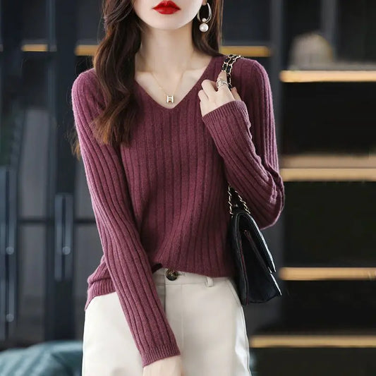 Women Sweater Long Sleeve Top Knitted Pullover V-Neck Fashion Sweater Woman Winter 2022 Basic Female Clothing Soild OL Sweaters