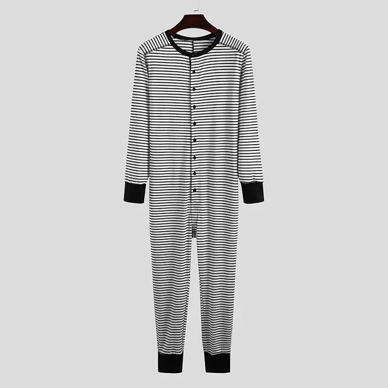 Striped Men's Casual and Comfortable Long-sleeved Jumpsuit Spring and Autumn Daily Home Wear in Stock