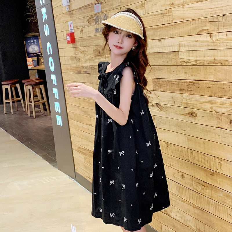 Flying Sleeve O-neck Maternity A-Line Dress Black Elegant Pregnat Woman Loose Dress with White Patterns Fashion Pregnancy Dress