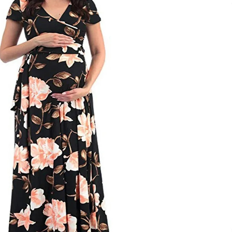 Ladies' Summer Dress Floral Print Sexy Short-sleeved Maternity Dress with V-neck Comfortable Breathable For Pregnant Women