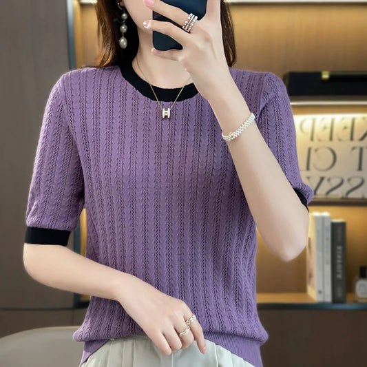 100% Cotton T-shirt Women's O-neck Casual Fashion Pullover Short Sleeve Summer New Knitted Loose Contrast Versatile Top T-shirt