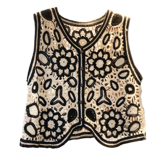 Boho Women Crochet Knit Vest Waistcoat Vintage Colorful Floral Pattern Sleeveless Cardigan for Jacket Hippie V-Neck Crop