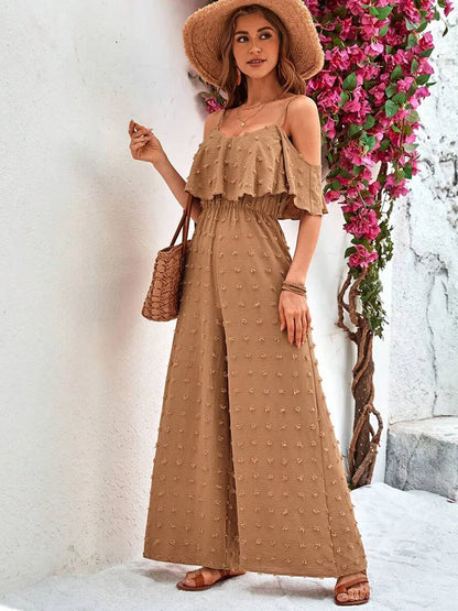 Woman Shoulder-off Bib Flounce Jumpsuits Summer Autumn Casual Loose Solid Pants for Women Female Spaghetti Strap Wide Leg Suit