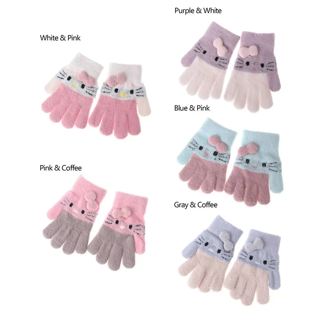 Cute Cat Design Kids Gloves Full Fingers Knitted Gloves Boys And Girls Winter Warm Mittens for 4-10 Years Kids