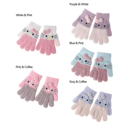 Cute Cat Design Kids Gloves Full Fingers Knitted Gloves Boys And Girls Winter Warm Mittens for 4-10 Years Kids