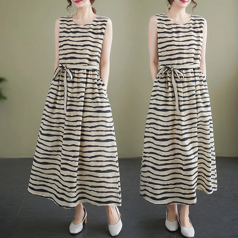 2023 Summer Vintage Print Striped V-neck Dresses Women Sleeveless Casual Loose Cotton Linen Dress Elegant Vestidos Robe Femme