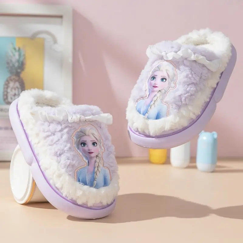 Disney Princess Elsa Winter Children's Cotton Slippers Girls' Frozen Non slip Warm Cartoon Baby Slippers Pink Blue Shoes Size 24