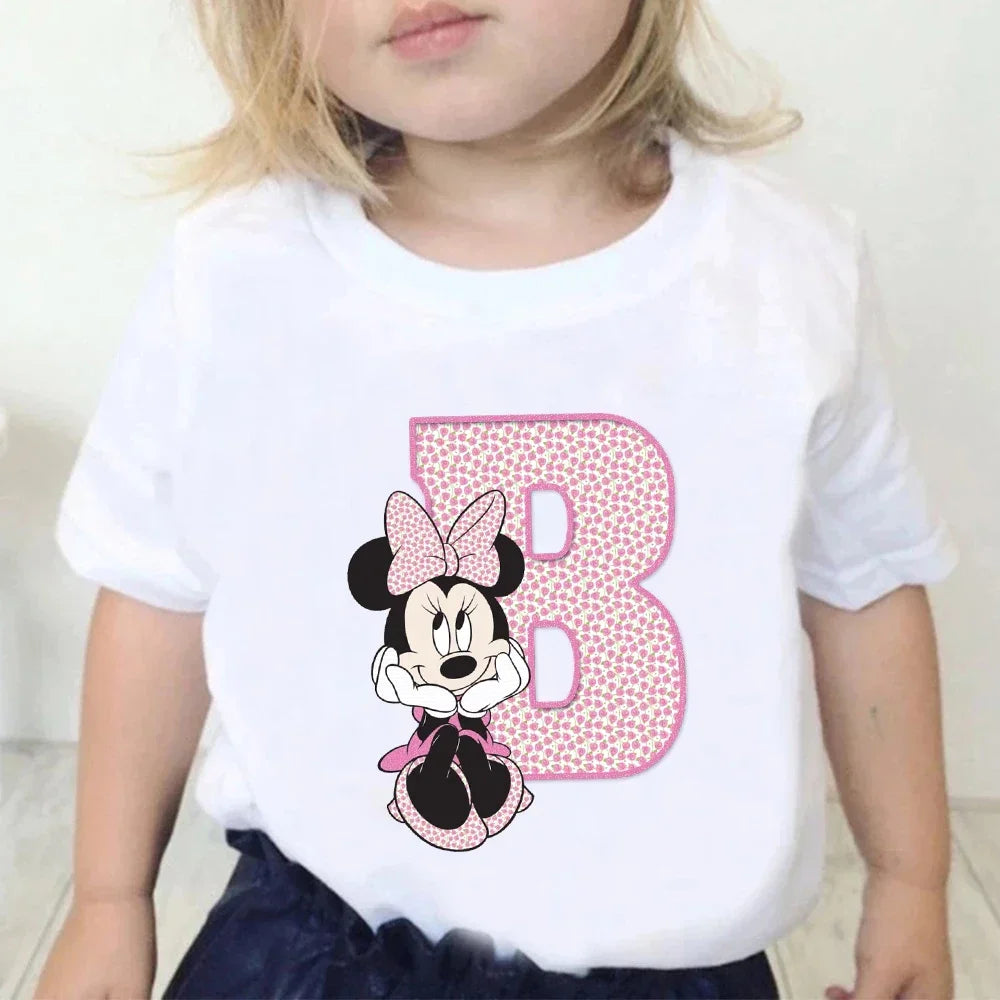 Minnie Children Cotton T-Shirts Letter A-Z Name Combination Disney Kawaii Cartoons Clothes Kids Little Boy Girl Tee Casual Tops