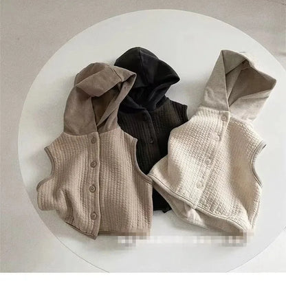 2024 Autumn New Children Casual Hooded Vest Solid Baby Sleeveless Coat Cotton Boys Girls Vest Cardigan Baby Jacket Kids Clothes