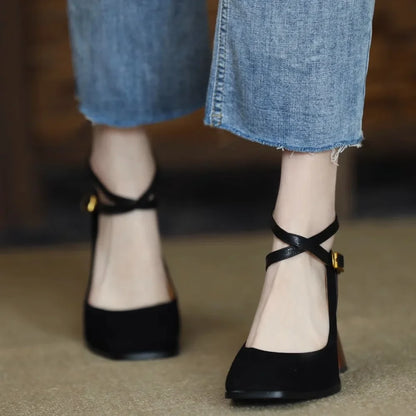 2023 Spring and Autumn New Fashion Square Toe Thick Heel Retro Matte Sexy Trendy Cross Buckle Women's Shoes