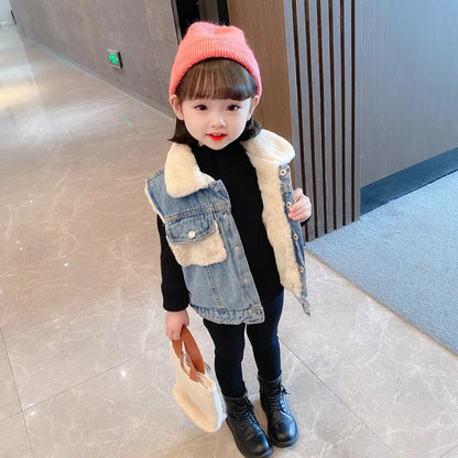 Boys and Girls' Vest Fleece Soft and Thickened Denim Tank Top Autumn Winter 2023 New Children's Coat Girls Fashion Kids Outfit