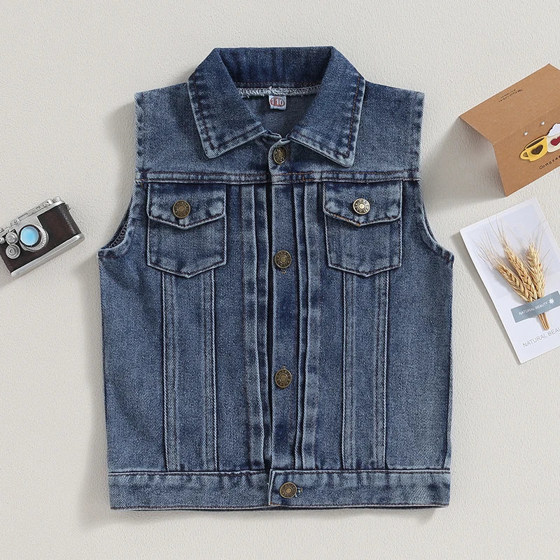 Children s Denim Vest with Turn-down Collar and Button Closure Sleeveless Casual Jacket for Boys and Girls