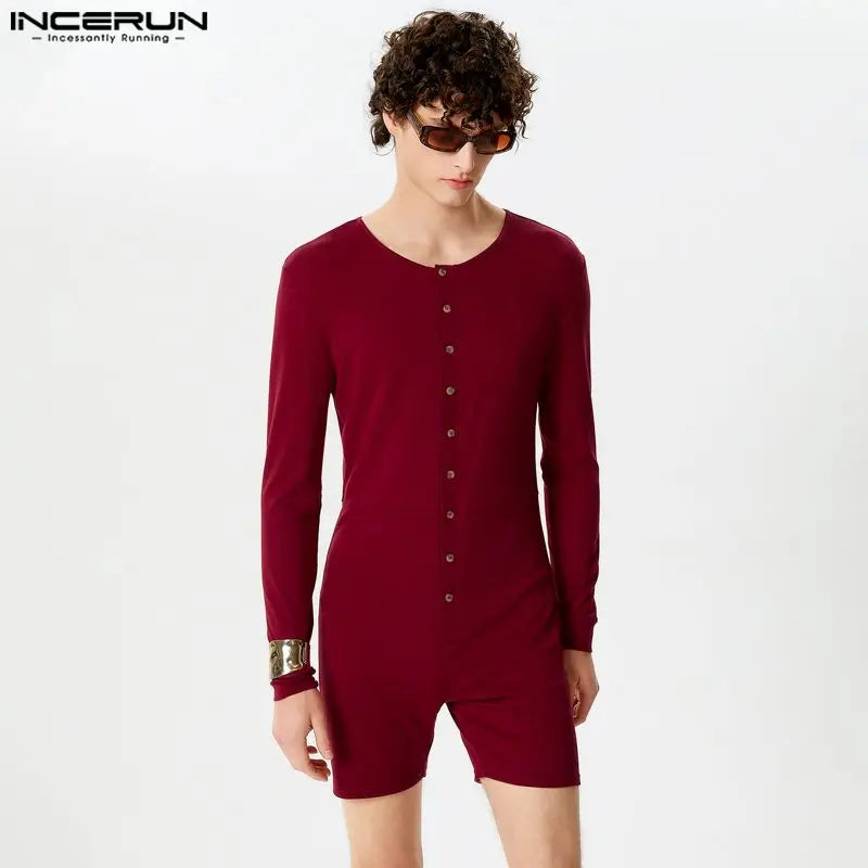 INCERUN 2024 Sexy Men Rompers Open Front Solid Knitted Long Sleeved Jumpsuits Male Hot Selling O-Neck Flat Angle Bodysuits S-5XL