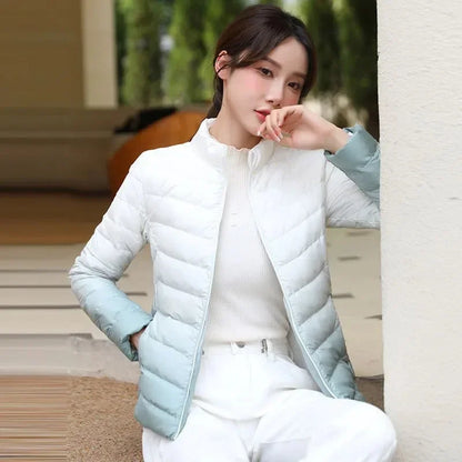 2024 New Winter Clothes Women Thin Down Jacket Women Stand Collar Slim Light Warm Short Gradient White Duck Down Warm Down Coat