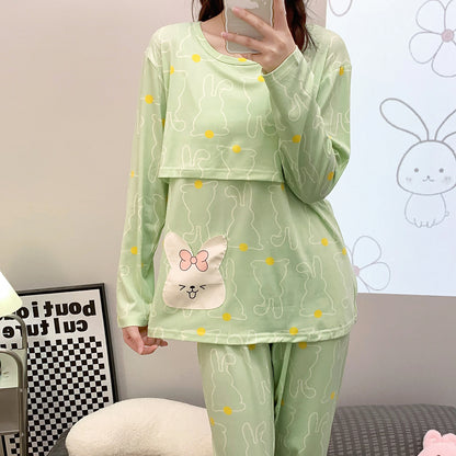 Spring Postpartum Woman Lactation Clothes Set Pajamas Nursing Suits Fashion Print Maternity Feeding Nightgown Cotton Lounge Sets