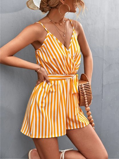 Fashion Summer New Women's Jumpsuit V Neck Short Bodysuit Backless Sexy Stripe Bandage Sleeveless Woman Clothing