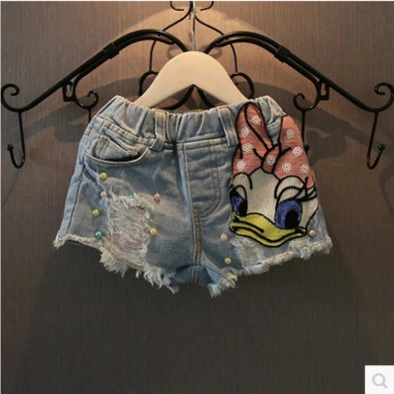 Summer Fashion Kids Clothes for Girls Shorts Cute Cartoon Daisy Denim Shorts Girls Kawaii Pearl Jean Shorts Pants Plus Size