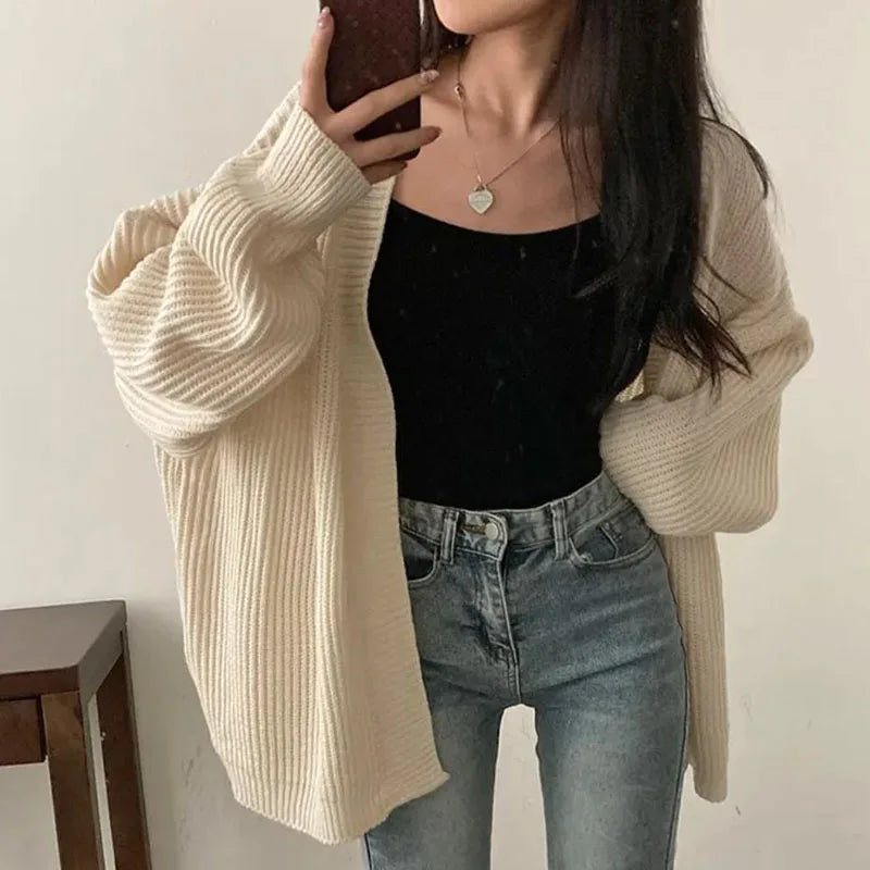 Zoki Harajuku Oversize Cardigan Sweater Women Casual Loose Lazy Wind Korean Tops Vintage Long Sleeve Lady Simple Design Cardigan