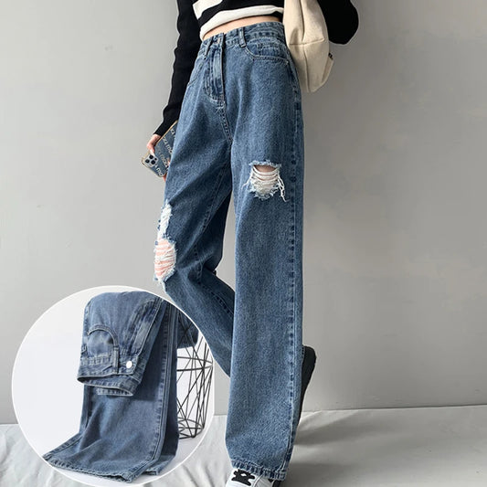 Denim Jeans Women Hole High Street Straight New Loose Wide leg Torn Hip Hop Ruined Fashion Pants