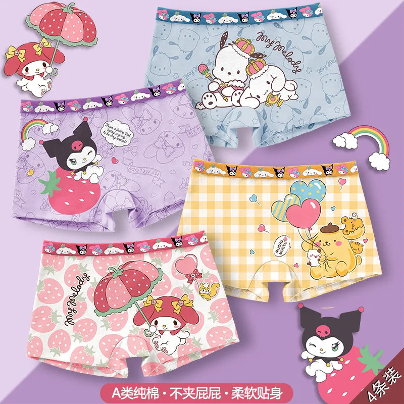 4Pcs/lot Cartoon Kids Underpant Kuromi Breathable Brie Sanrio Hello Kitty Cinnamoroll Boys Girls Underwear Cotton Boxer Shorts