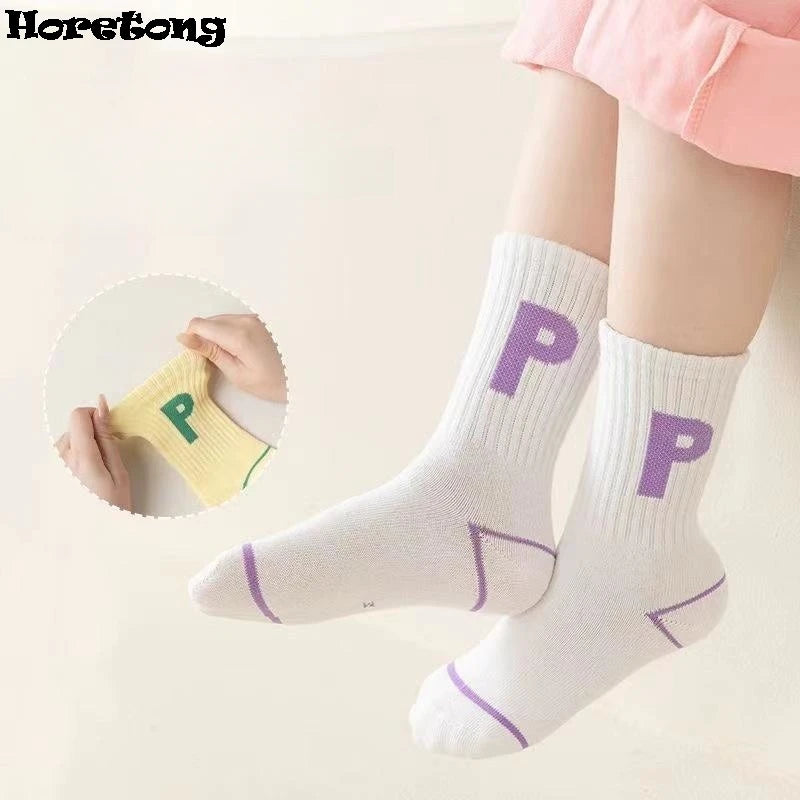 Horetong 5 Pairs/Lot Children's Fashion Letters For Girls Kids Autumn Comfortable Sports Casual School Cotton Middle Tube Socks