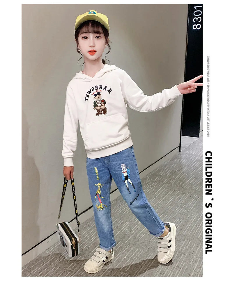 Girls Jeans Kids Cartoon Print Elastic Waist Denim Pant 2024 Spring Fall 3 To 12Yrs Teenagers Trousers Children's Cotton Clothes