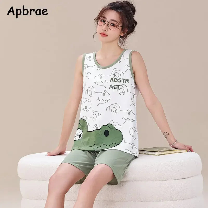 New Summer Plus Size 4XL Soft Cotton Pajamas for Teen Girls Cute Bear Printing Vest Sleepwear Fashion Leisure Women Nightwear