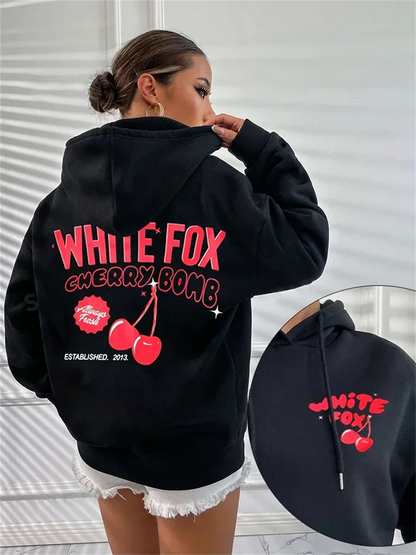 New White Fox Cherry Bomb Print Hooded Sweatshirt Women Drawstring Personality Sweatshirts Long Sleeve Fashion Pullover