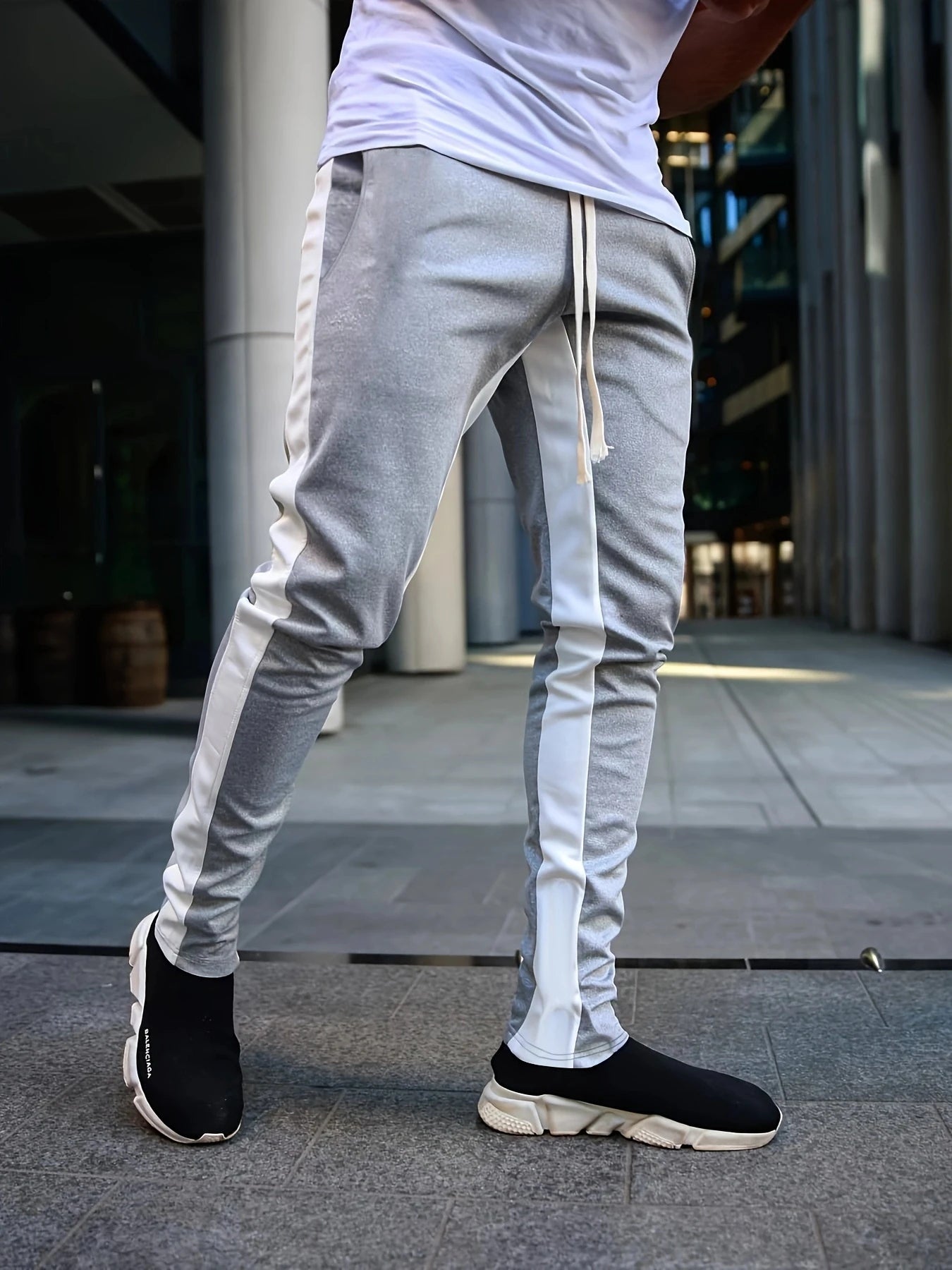 Casual Men Sweatpants Contrast Colors Elastic Waist Male Pants Drawstring Breathable Autumn Trousers for Jogging