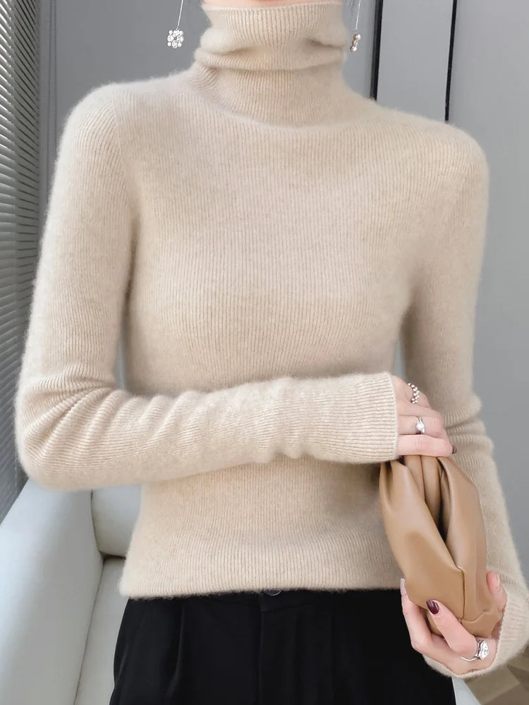 Women Turtleneck Sweater Autumn Winter Slim Basic Bottoming Pullover 100% Merino Wool Soft Kniwear Korean Popular Clothes Tops